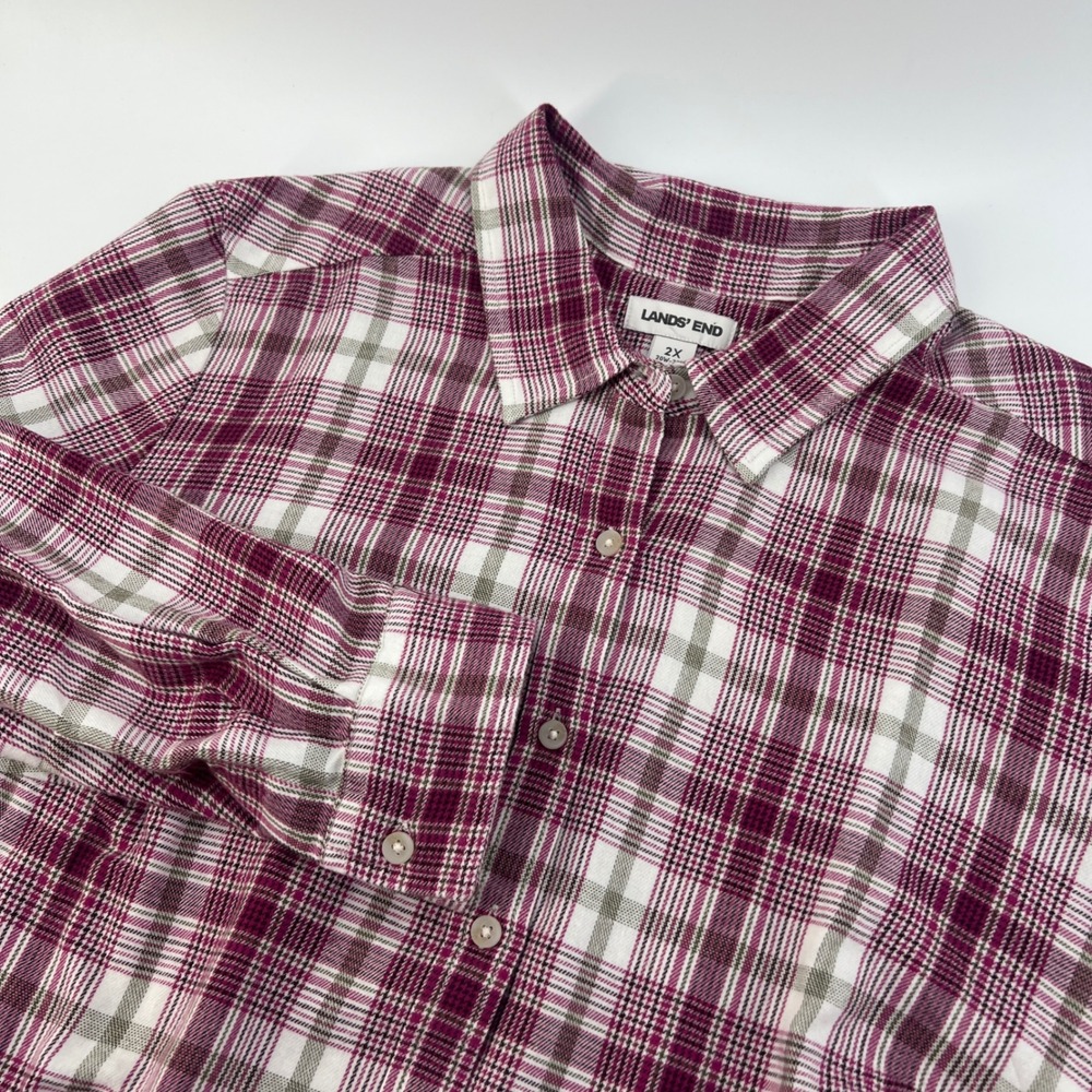 Lands End Womens 2X Magenta Plaid Cotton Flannel Button Down Shirt 20W-22W